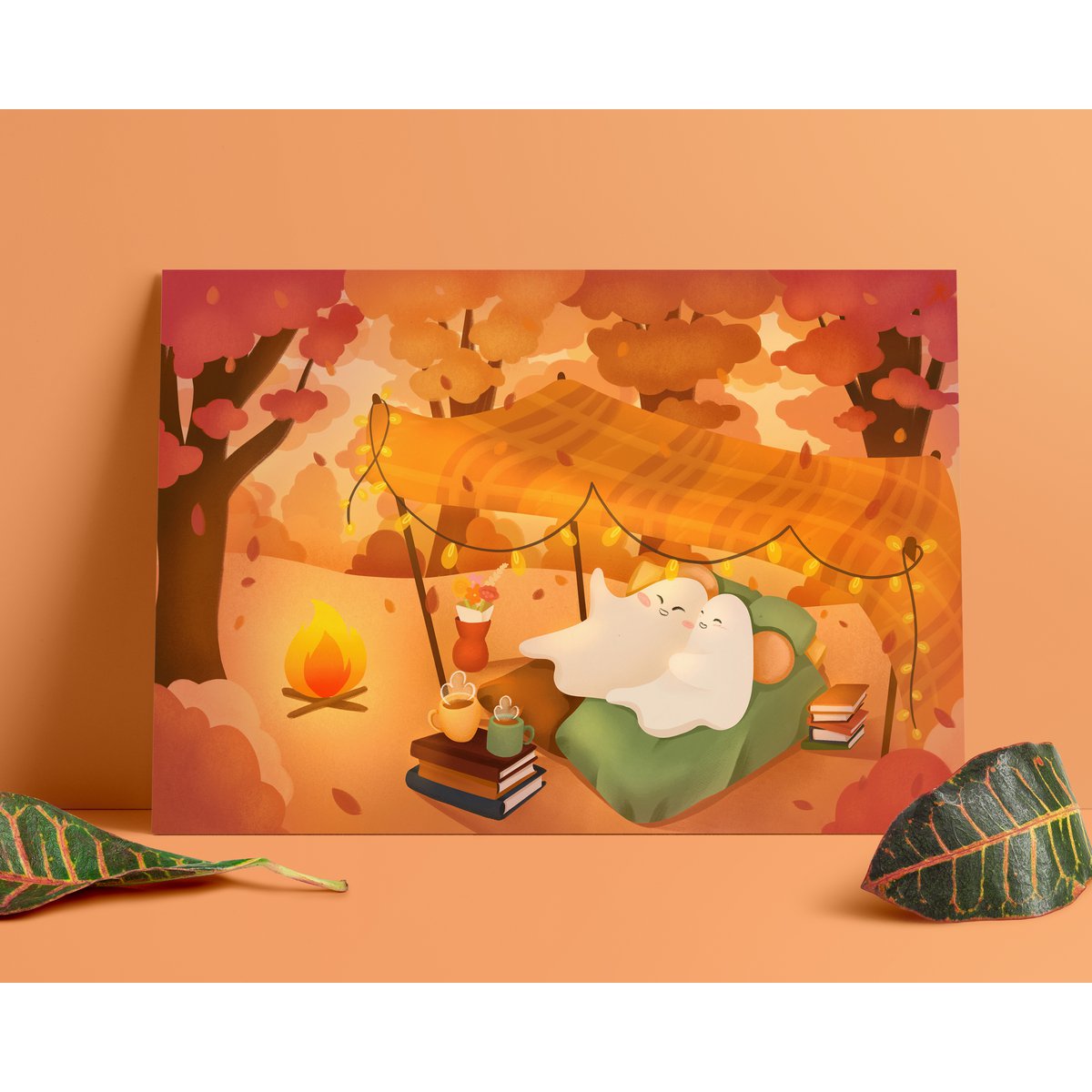 Ghostie Date Art Print - Schattige geesten op een picknickdatum in het bos A5 & A4 Print