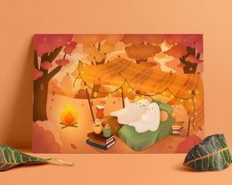 Ghostie Date Art Print - Søde spøgelser på en picknick-date i skoven A5 & A4 Print