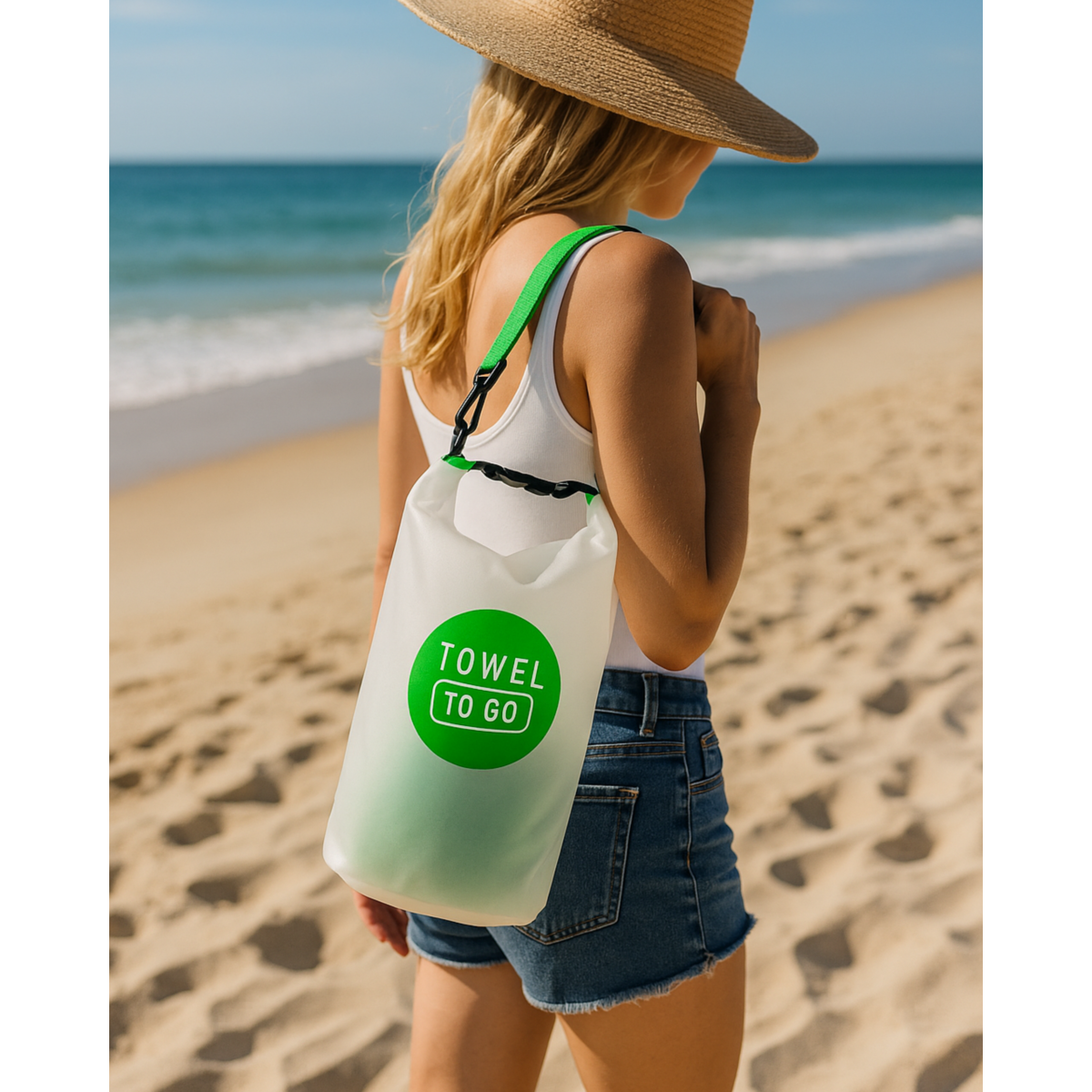 TOWEL TO GO Roll N Go Dry Bag 5L | Wasserdichte transparente Strand-Pool-Surftasche | Grün