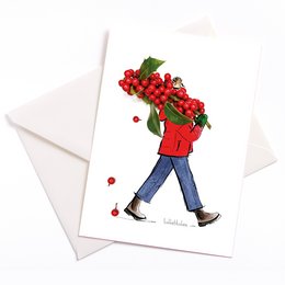 A festive Christmas card featuring a person carrying a bundle of red holly berries with green leaves. The person is wearing a red jacket and blue jeans, and appears to be walking. This card would be suitable for sending holiday greetings.