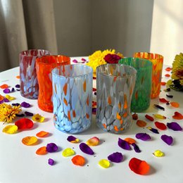 Bicchieri Tumbler Naif in Vetro Soffiati e Lavorati a Mano con Murrine di Murano, linea “I Colori di Murano” 395 ml. Made in Italy