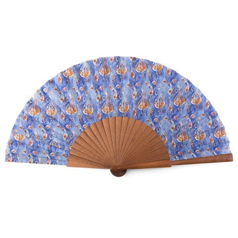 Blauw en oranje handgemaakte ikat-geïnspireerde zijden fan