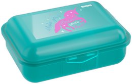 Turquoise lunch box with pink unicorn design, rectangular shape, plastic container