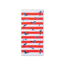  Red and white striped beach towel with ocean-themed graphics like dolphins and seashells. Made of soft, absorbent cotton. Measures 135 x 65 cm.