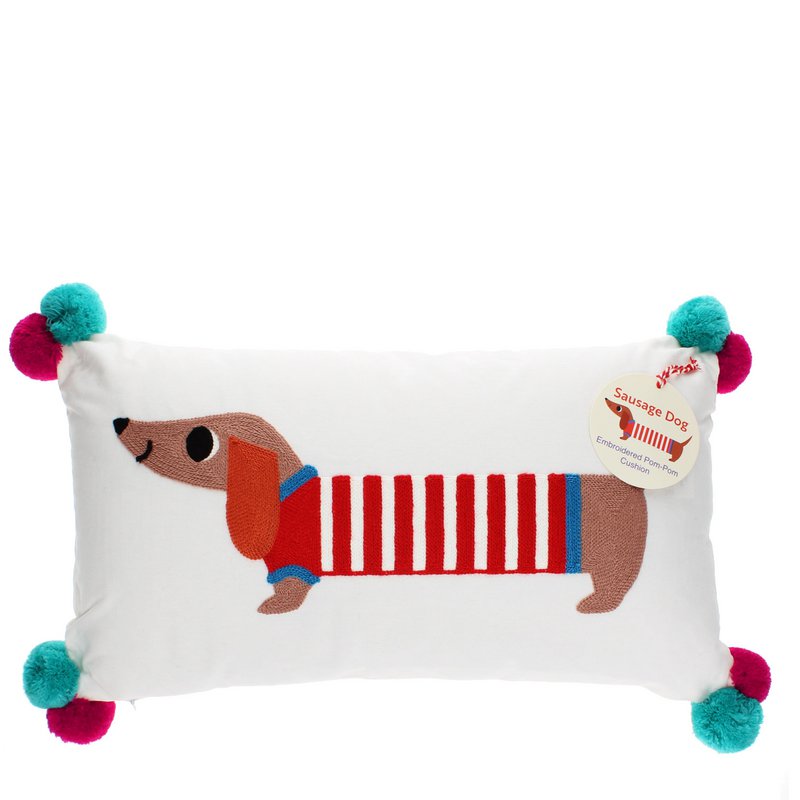 Stickter Kissen mit Pom Poms - Wursthund