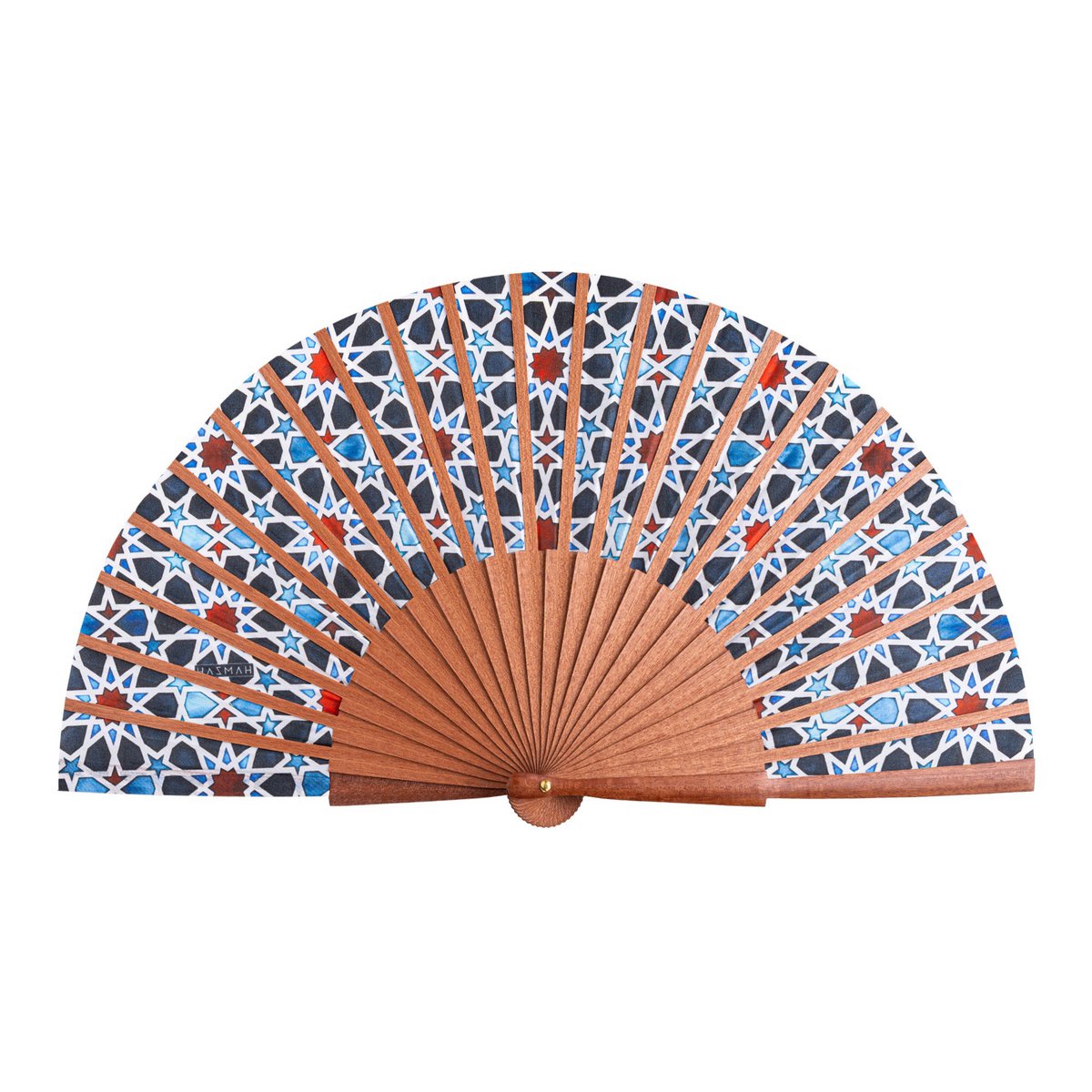 Ventilador de seda y madera multicolor inspirado en el arte islámico