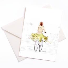 A whimsical illustration of a woman riding a bicycle while wearing a yellow dress with a floral pattern. The image has a lighthearted, playful feel.