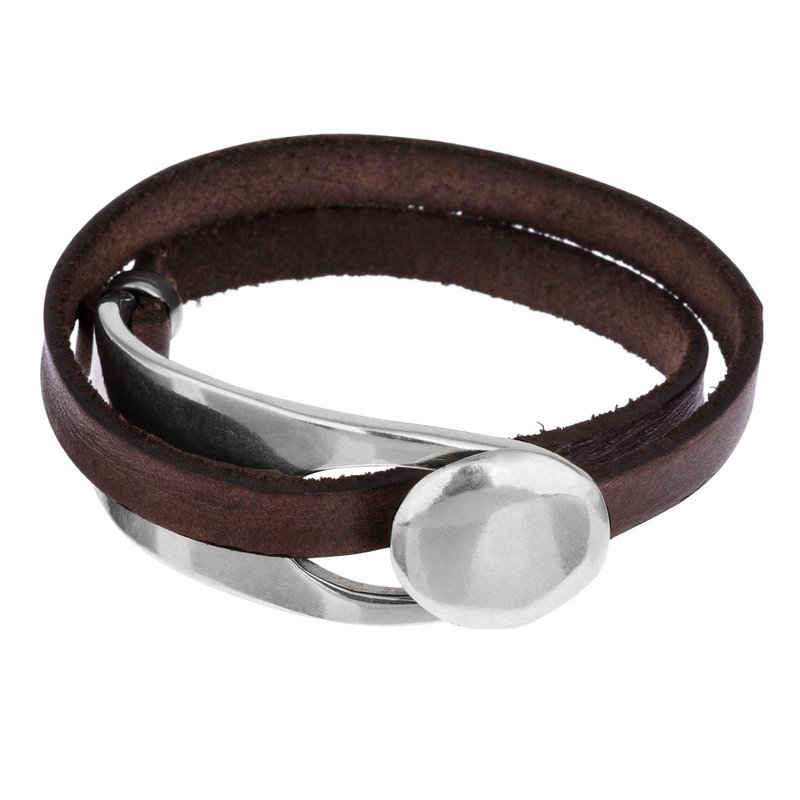 GD-Armband aus Silber und Leder, doppelt gewickelt, braunes Zamak