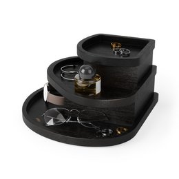 Black wood tiered round storage box for jewelry, rings, necklaces, organizer with compartments
