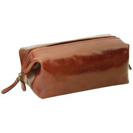 A rectangular brown leather toiletry bag with a zipper closure and a textured cowhide pattern.