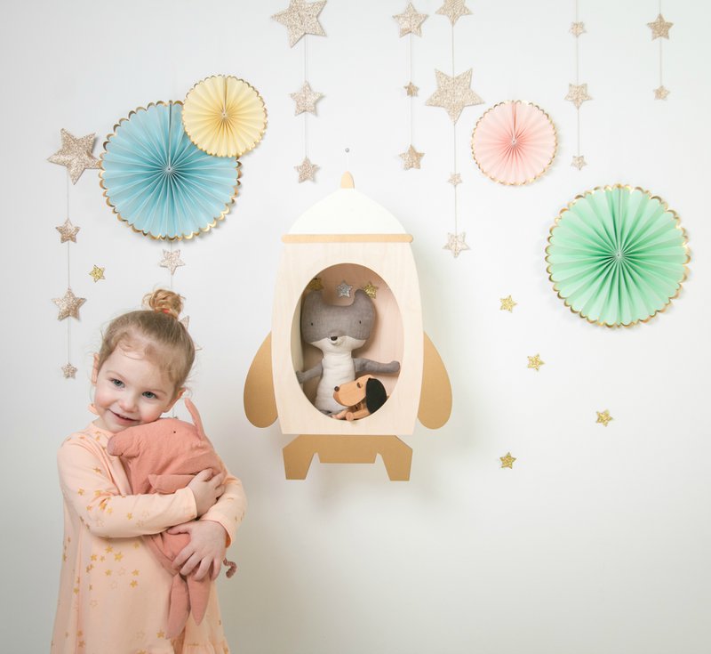 Rocket shelf "Rockin 'Rocket" White and Wooden-Gold