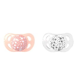 Set of 2 pastel peach and white pacifiers for infants 2 months and up, featuring a floral pattern design.