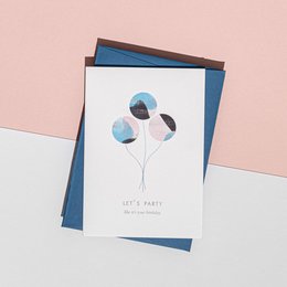Azure blue birthday card with watercolor balloons design. Festive and celebratory card for birthday celebrations.