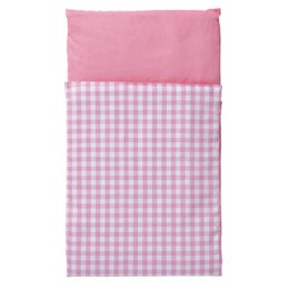 Pink and white checkered duvet cover for wooden doll pram, made of soft fabric.