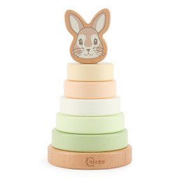  A colorful wooden stacking toy in the shape of a rabbit, with pastel-colored rings. This classic learning toy is suitable for babies and toddlers, promoting hand-eye coordination, color recognition, and logical thinking.