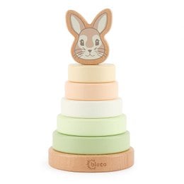 A colorful wooden stacking toy in the shape of a rabbit, with pastel-colored rings. This classic learning toy is suitable for babies and toddlers, promoting hand-eye coordination, color recognition, and logical thinking.