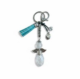 Silver angel charm keychain with turquoise tassel, crystal accents, strength protection.