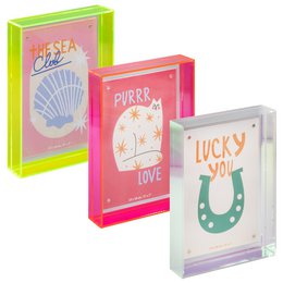Neon colorful acrylic frames with motivational text, iridescent yellow pink shells horseshoe designs.