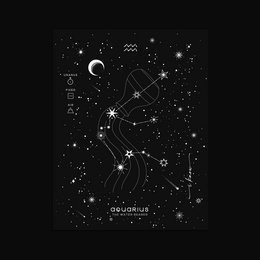 Aquarius zodiac constellation silver foil print featuring the water bearer symbol and stars on a dark background.