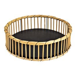 Wicker tray with natural metal accents, measuring 33x10x33cm. Circular shape with vertical slats. Suitable for use as a decorative bowl or serving tray.