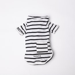 Striped pet shirt in black and white, made of soft, breathable material for pet comfort.