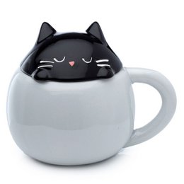 A white ceramic mug with a black cat-shaped lid. The mug has a cute, whimsical design featuring a black cat with pink accents.