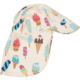 Cream colored kids sun hat with colorful ice cream cone and popsicle print pattern design.