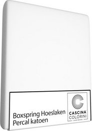 White fitted sheet cover for box spring, available in various sizes including 90x200, 140x200, 160x200, and 180x200 cm.