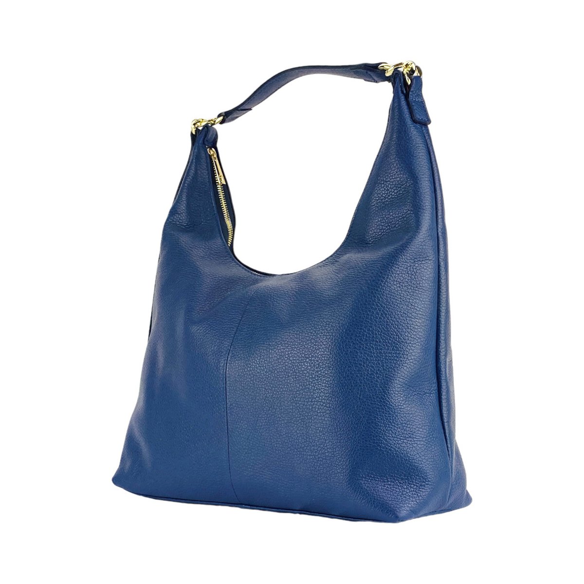 RB1017D | Soft women's shoulder bag in genuine leather Made in Italy with single handle and removable shoulder strap. Attachments with shiny gold metal snap hooks - Blue color - Dimensions: 36 x 40 x 13 cm