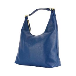 RB1017D | Soft women's shoulder bag in genuine leather Made in Italy with single handle and removable shoulder strap. Attachments with shiny gold metal snap hooks - Blue color - Dimensions: 36 x 40 x 13 cm