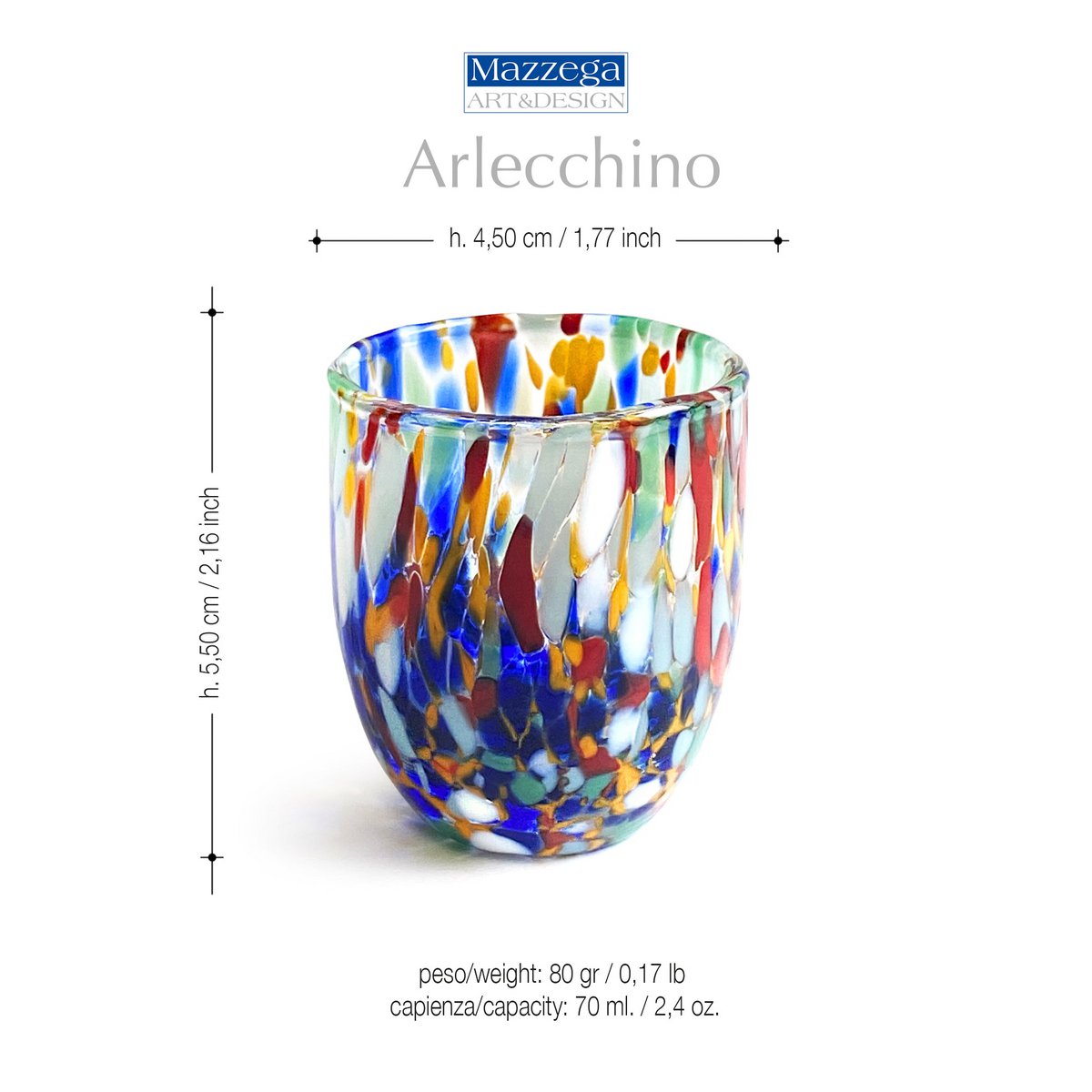 Skud glasglas i hånden blæste og håndlavet glas med Murrine di Murano, "I Colori di Murano" linje 50 ml. Lavet i Italien