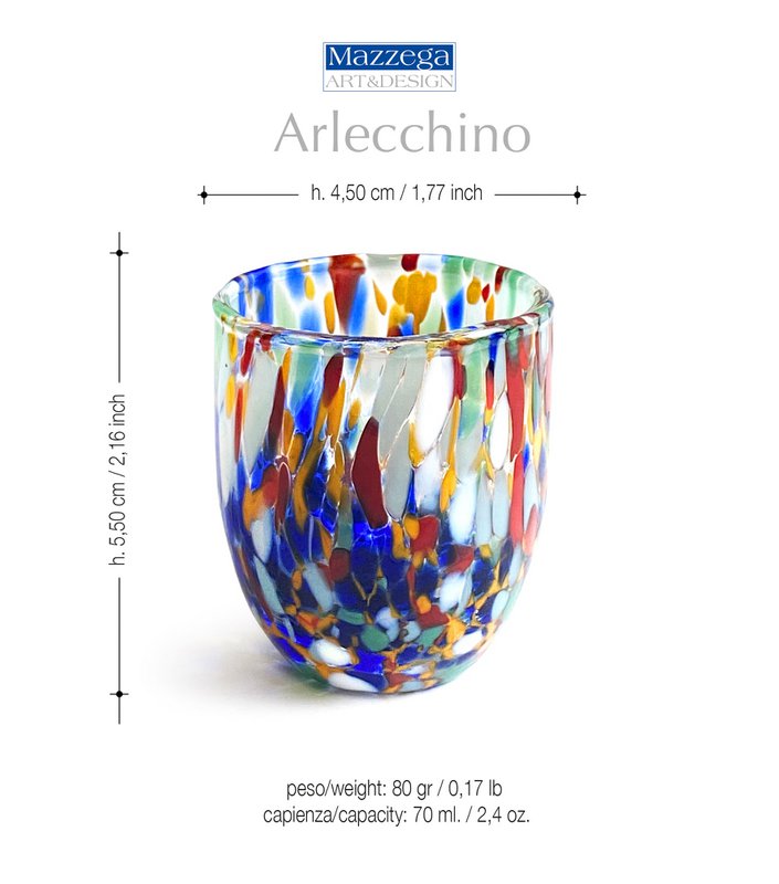 Shot glass glasses in hand blowed and handmade glass with Murrine di Murano, "I Colori di Murano" line 50 ml. Made in Italy