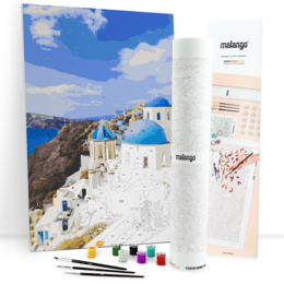 Vibrant painting of the iconic blue-domed churches in Santorini, Greece, with a scenic coastal view. Includes necessary details for a semantic search, such as colors, architectural style, and scenic elements.