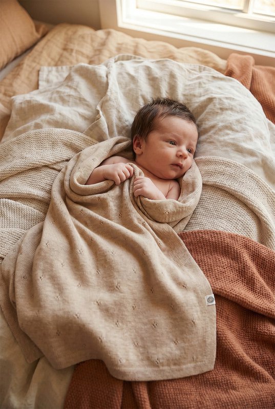 Woll -Babydecke / Kinderdecke / Wickeldecke - Pointelle gestrickt - Merinowol - Knoblauch