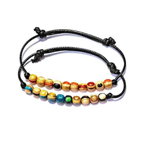 Armband aus recycelten Skateboards-Holzperlen, mehrfarbig, blau, grün, rot, 6 mm Perlen, verstellbar, Unisex