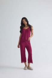 Cami-Pyjama-Set mit kurzen Hosen aus Bambusspitze in Bordeaux