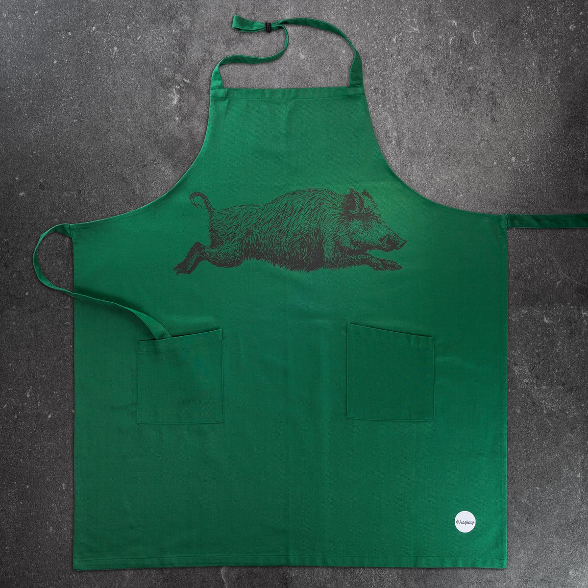 Green cooking apron with wild boar