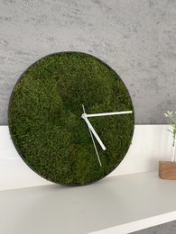Circular wall clock with a moss-covered face, displaying a minimalist design with white hands against the natural green texture.