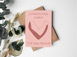 Valentinsdagskort "Jeg giver entusiastisk samtykke til at være din Valentine" - feministisk postkort til Valentinsdag