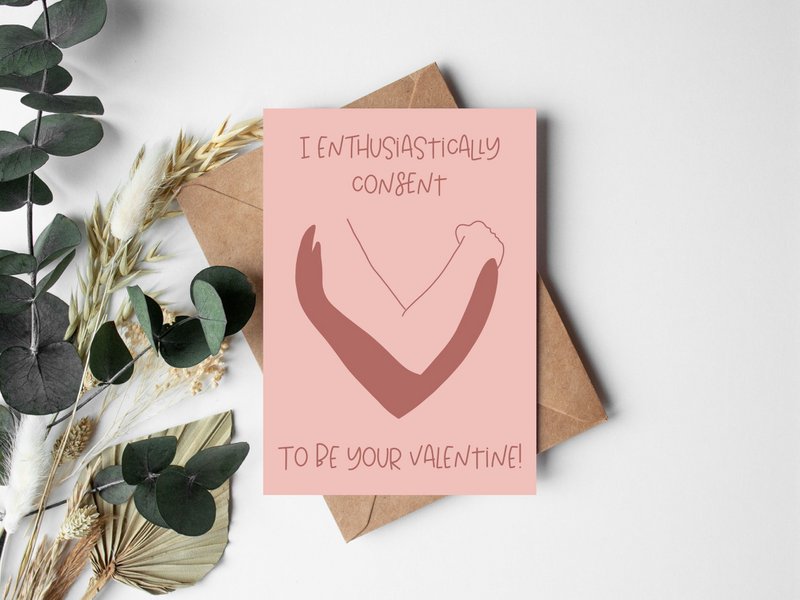 Valentinsdagskort "Jeg giver entusiastisk samtykke til at være din Valentine" - feministisk postkort til Valentinsdag