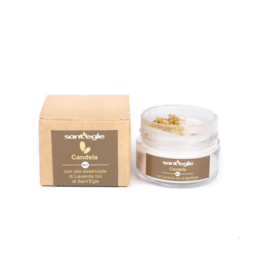 A pack of 6 organic lavender and chamomile scented candles in a round, tall shape with a natural wax and wooden wick.