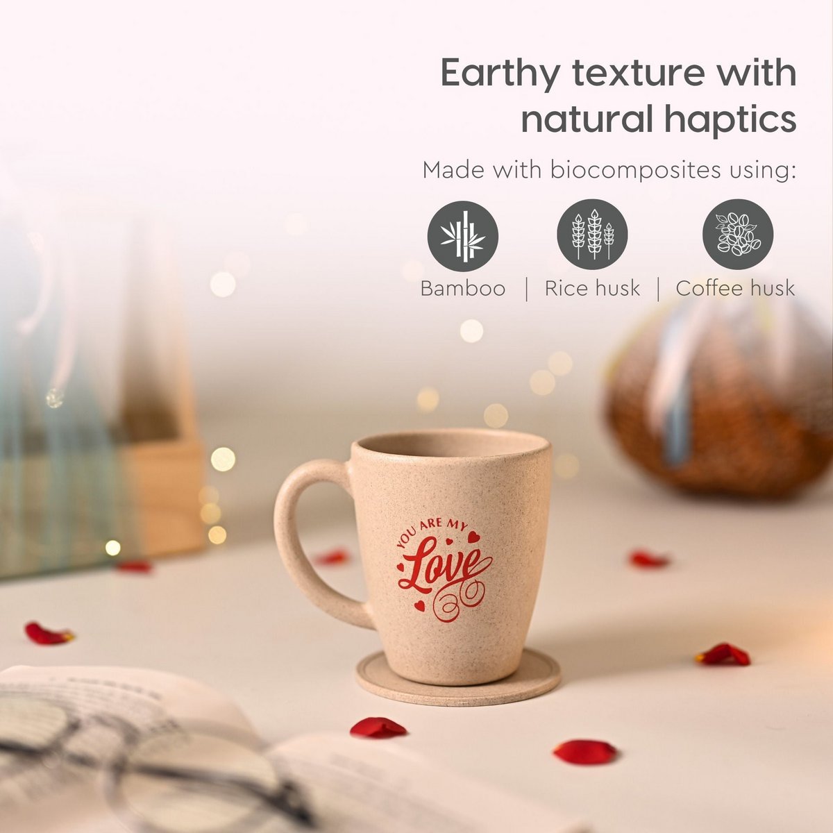 Ecofy Earth-Friendly Love You-krus til kaffe | Par gaver | Jubilæumsgave til par Special | Sæt med 1 | 300 ml | Kaffekrus | Lavet med risskaller| Sand Castle TUV Certificeret