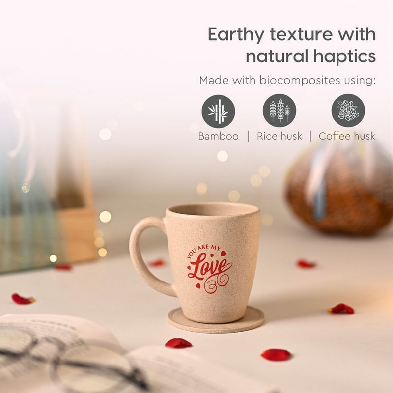 Ecofy Earth-Friendly Love You-krus til kaffe | Par gaver | Jubilæumsgave til par Special | Sæt med 1 | 300 ml | Kaffekrus | Lavet med risskaller| Sand Castle TUV Certificeret