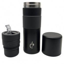 Black thermos bottle with cup and bombilla for yerba mate, made of stainless steel with a rubber grip.