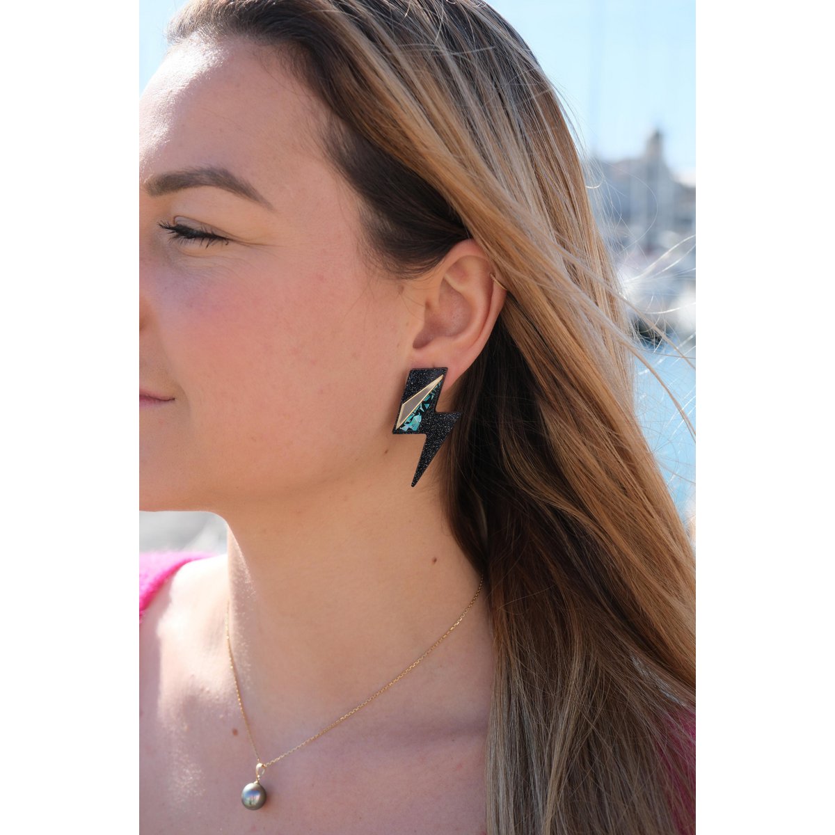 Boucles d'Oreilles Puces Maxi Eclairs Turquoise + Or