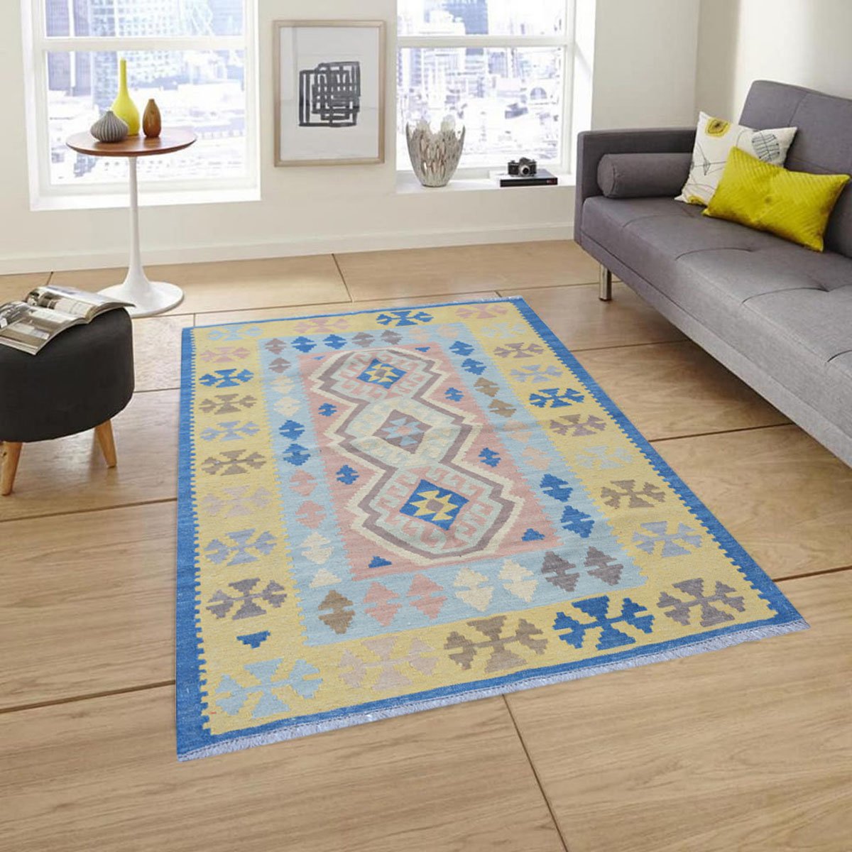 Modern schemerblauw Kelim vloerkleed