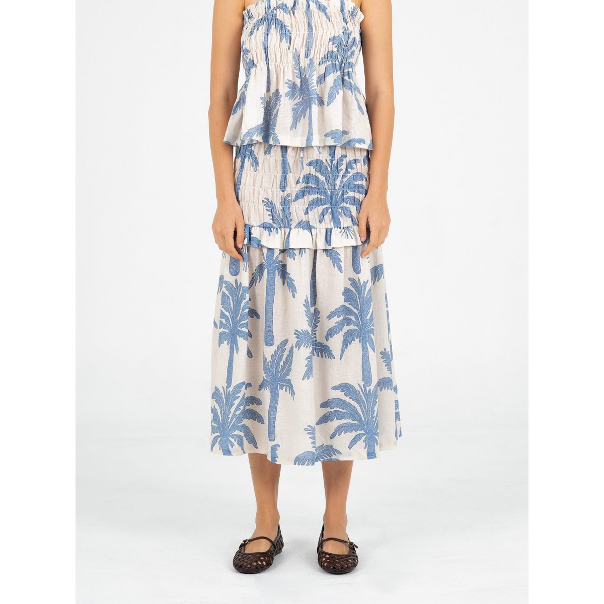 Gonna midi in lino smock con stampa palme di Elios