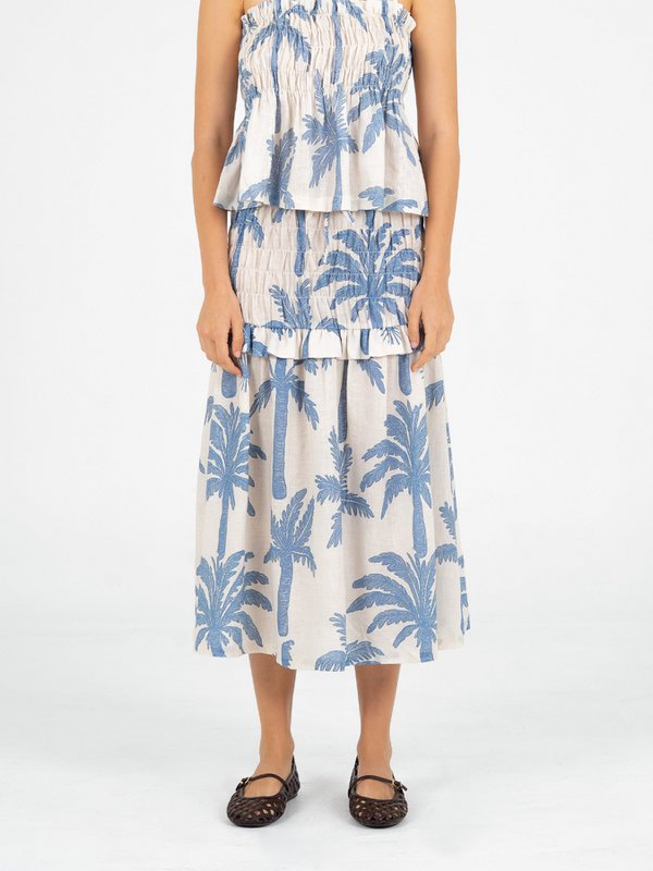 Gonna midi in lino smock con stampa palme di Elios