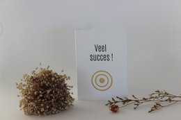 A greeting card with the text "Veel succes!" (Good luck in Dutch) and a simple circular design. The card is accompanied by a small bouquet of dried flowers and twigs, creating a minimalist and natural aesthetic.