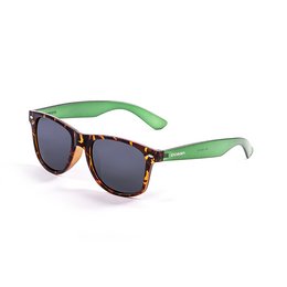 Stylish sunglasses with a tortoiseshell frame and green temples. Features a classic wayfarer shape and UV400 protection.